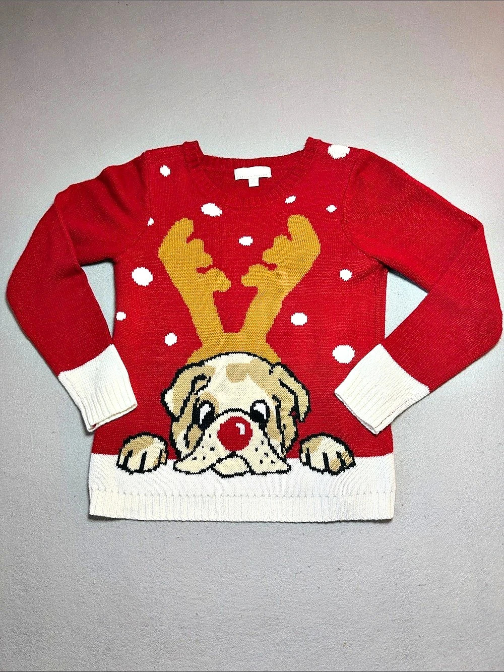 Ugly Christmas Sweater Bulldog Reindeer Red & White Cottagecore